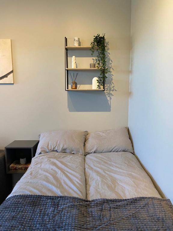 a bedroom with a bed and shelves on the wall at BergOne in Ytri-Njarðvík