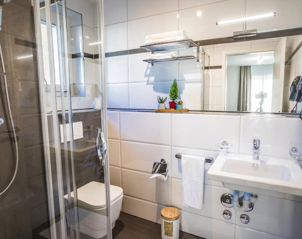 y baño con aseo y ducha. en Self Service Hotel Kernhof Langstrasse, en Zúrich