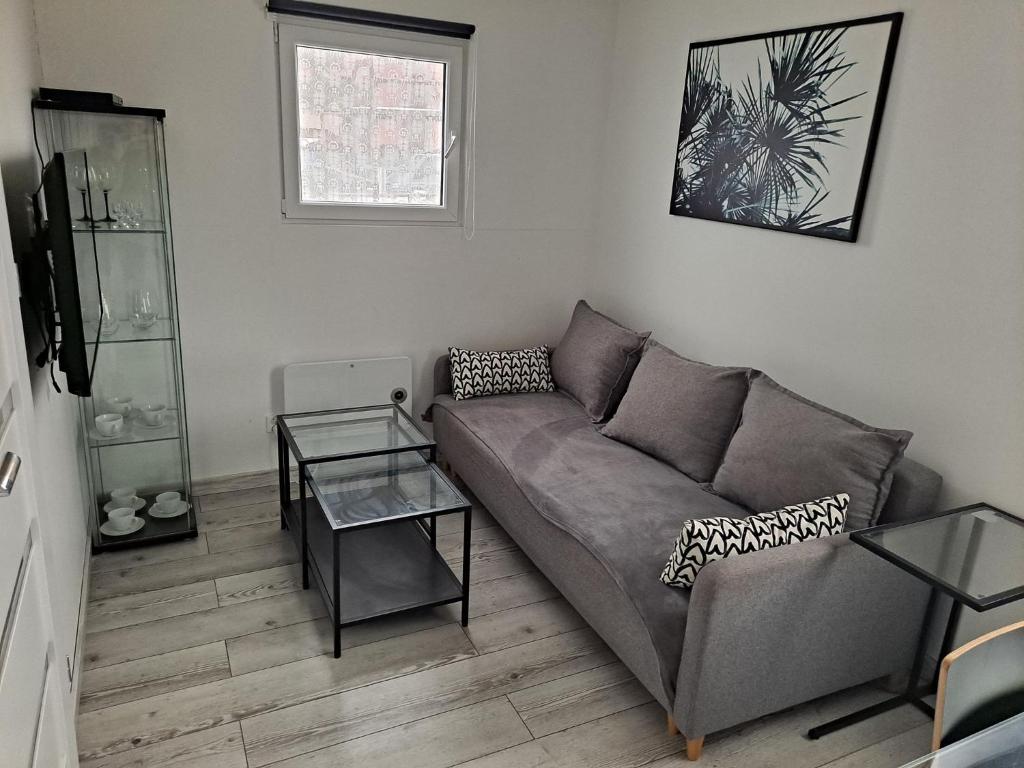 a living room with a couch and a glass table at Radosna Zatoka - Domki mobilne i drewniane z ogródkami, apartamenty, namioty in Międzywodzie