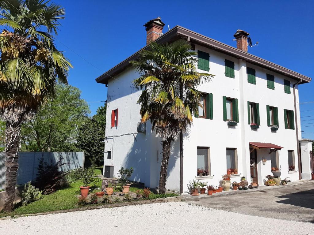 een wit gebouw met palmbomen ervoor bij cà bianca in Latisana