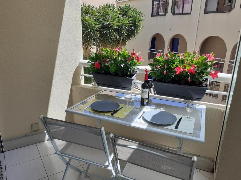 - une table avec deux plantes et une bouteille de vin dans l'établissement Les Jardins du Port de Bandol, à Bandol