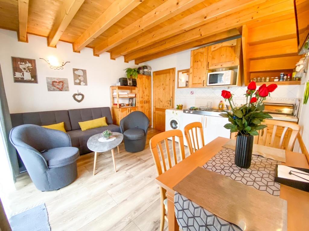 Il comprend une cuisine et un salon avec une table et des chaises. dans l'établissement Tatralandia Holiday Home 347, à Liptovský Mikuláš