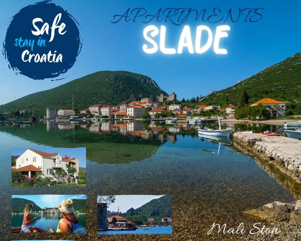 a collage of photos of a town and a lake at Apartments Marita in Ston