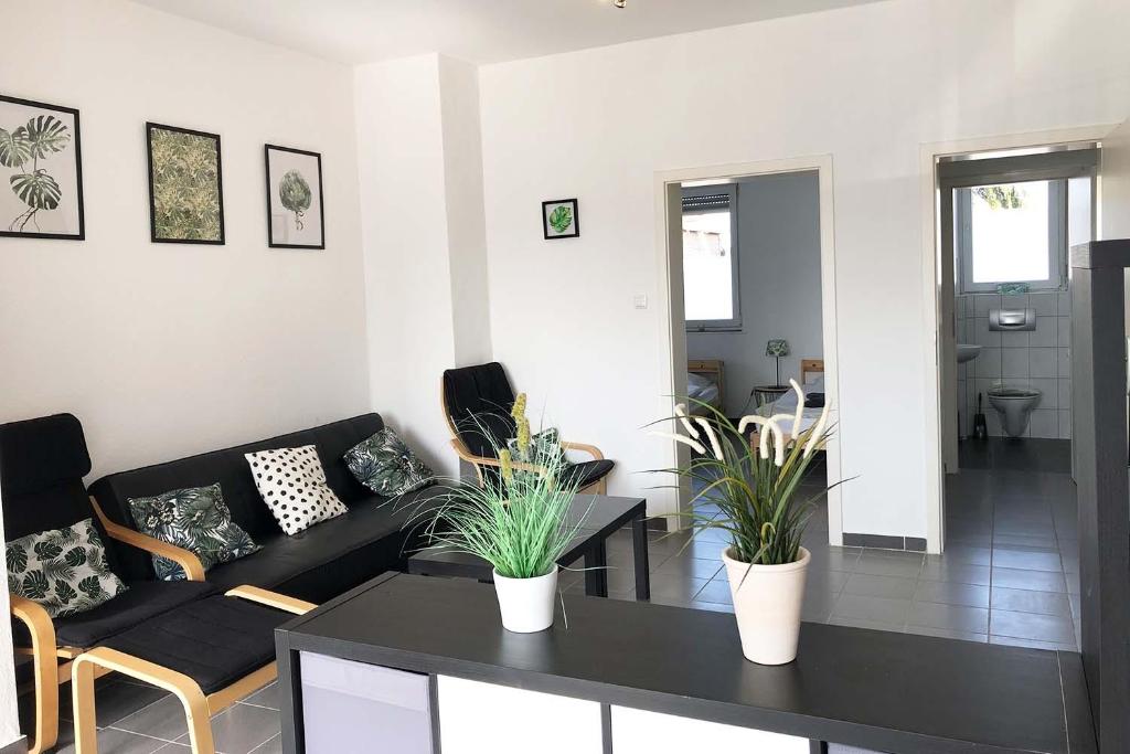 a living room with a couch and a table with plants at Work & Stay Apartments in Euskirchen in Euskirchen