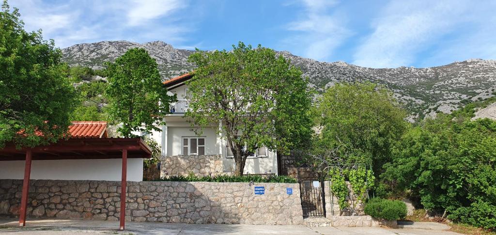 a house with a stone wall and mountains in the background at Apartman Marija in Cesarica