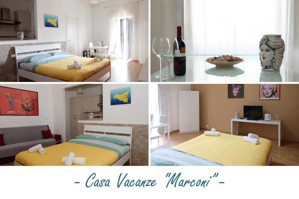 un collage de cuatro fotos de una habitación con 2 camas en Casa Vacanze Marconi, en Caltagirone