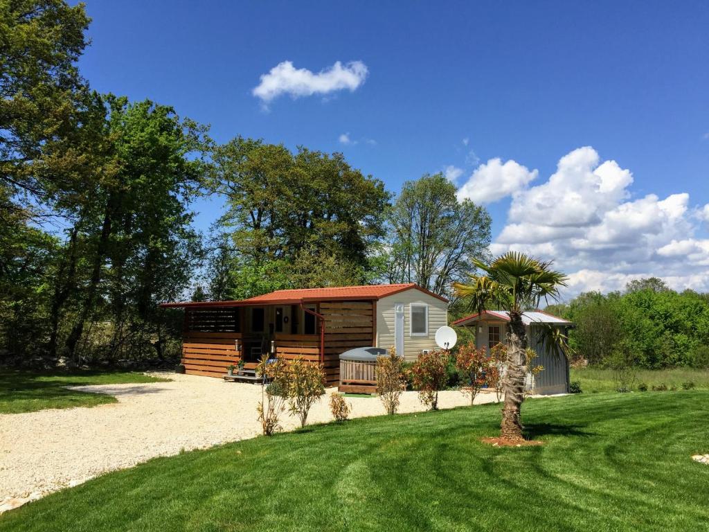 a cabin with a palm tree in front of a yard at Istria camp - Istria holiday for 2 in Kringa