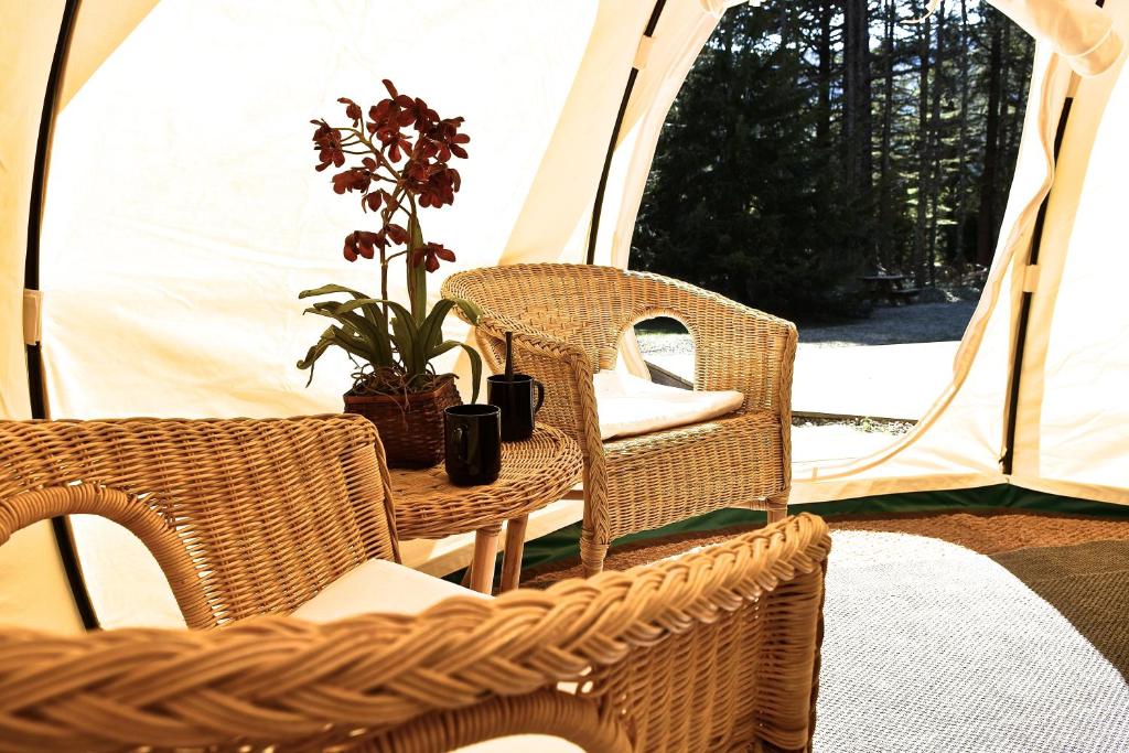 two wicker chairs and a table in front of a tent at Glamping at Camping La Source in Saint-Pierre-dʼArgençon