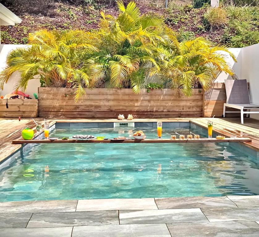 une piscine avec des palmiers en arrière-plan dans l'établissement Villa La Guapa, sea view, private pool, 5 min from the beach, à Oyster Pond