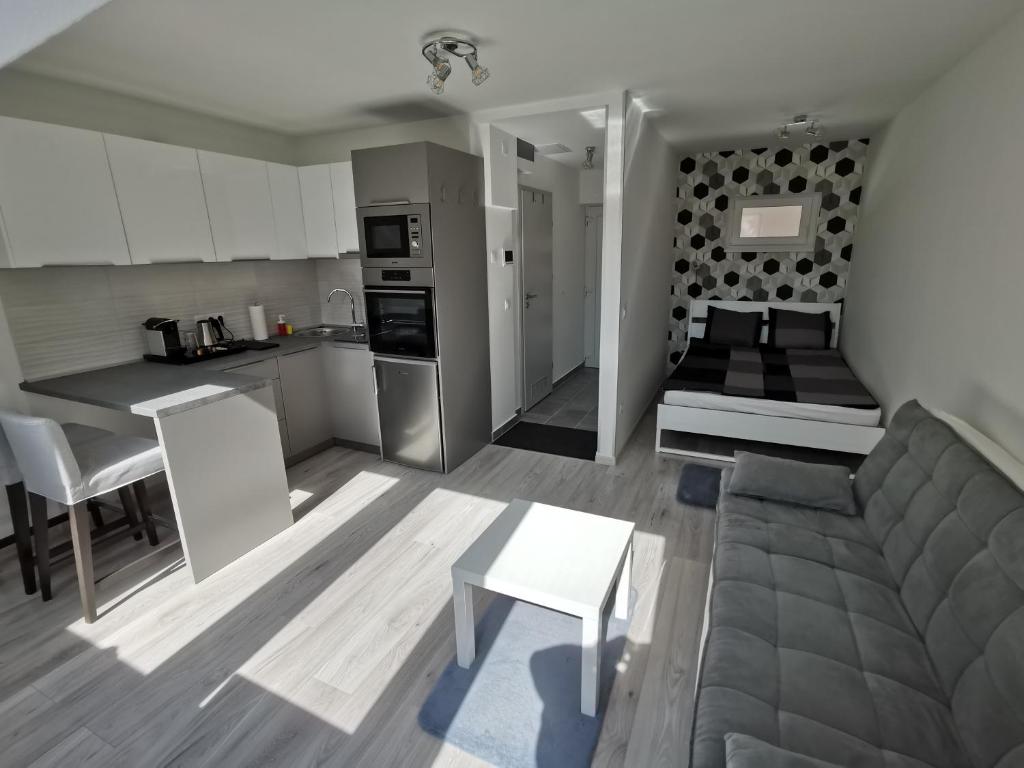 cocina y sala de estar con sofá y mesa en Antracit Apartman, en Pécs