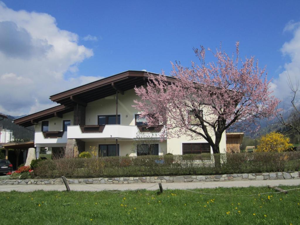 una casa con un árbol floreciente delante de ella en Appartement Thurnbach, en Aschau