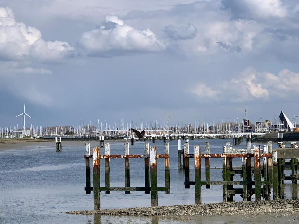 a dock in the middle of a body of water at Ysermonde Fisherman's Cottage in Nieuwpoort