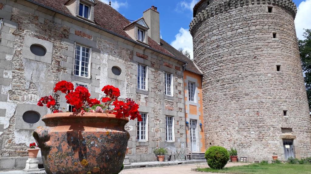 eine große Vase mit roten Blumen vor einem Gebäude in der Unterkunft gîte au Château de Sallebrune in Beaune dʼAllier