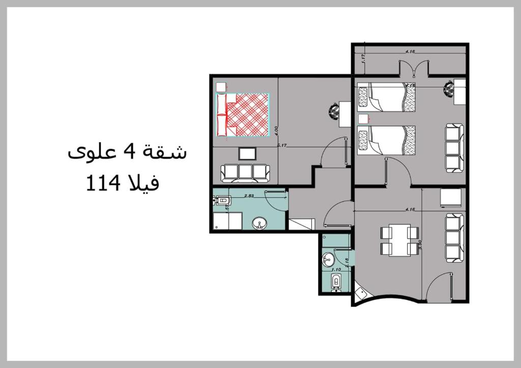 eine Zeichnung eines Grundrisses eines Hauses in der Unterkunft First floor chalet 4 VILLA 114 2bed rooms and 2 bathrooms Green Beach in El-Alamein