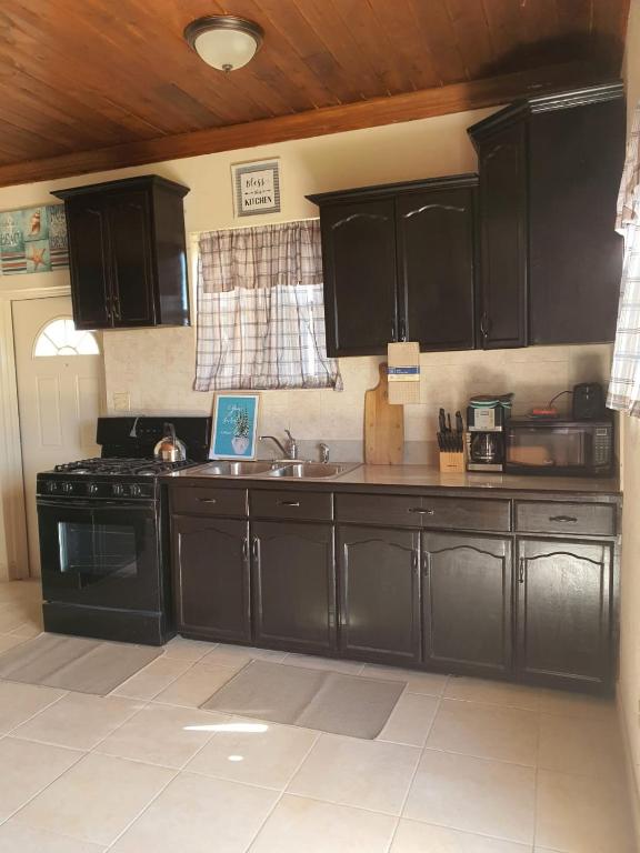 eine Küche mit schwarzen Schränken und einem Waschbecken in der Unterkunft Fishtails Palms in Stuart Manor