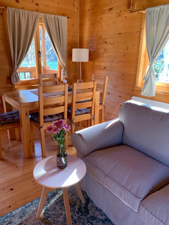 a living room with a couch and a table at Drinska Amazonija, brvanara na obali Drine in Ljubovija
