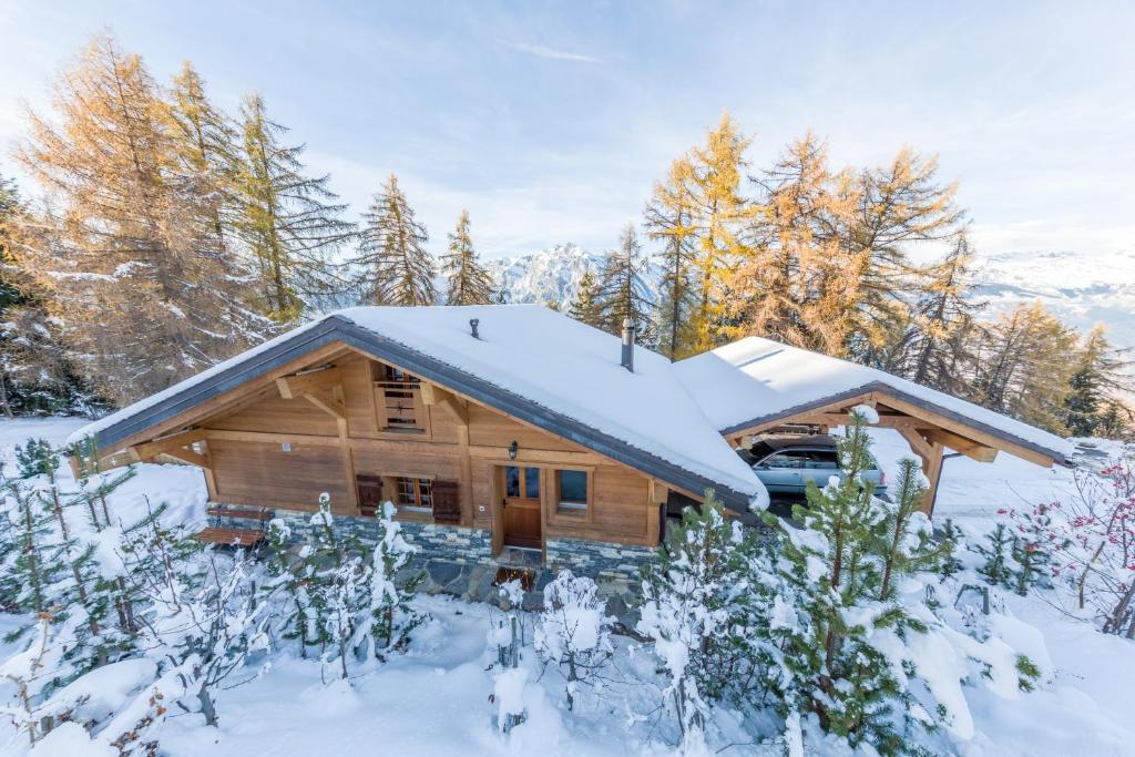 a log cabin with snow on the roof at Chalet Le Troll - Nendaz in Nendaz