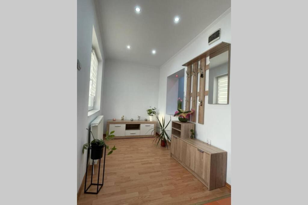 un pasillo de una casa con paredes blancas y suelo de madera en Apartament Cristina - Băile 1 Mai, Felix, Bihor, reducere jumătate intrare Aquapark President, en Baile 1 Mai