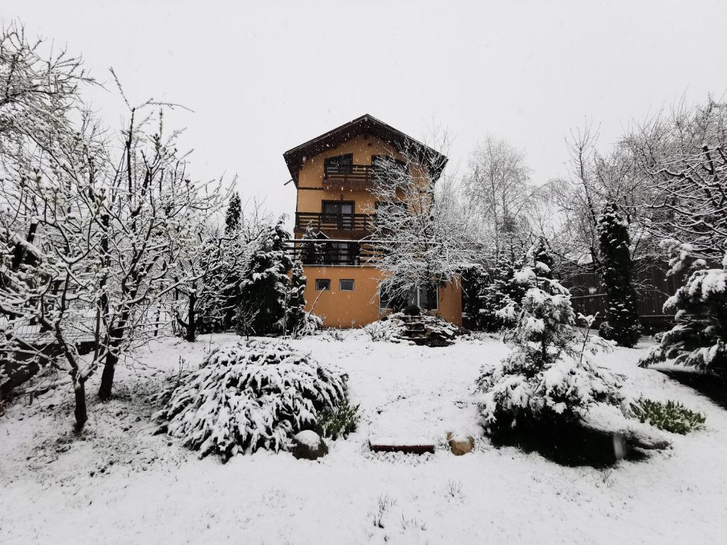 een gebouw in een met sneeuw bedekte tuin bij Casa Bunicii Comarnic in Comarnic