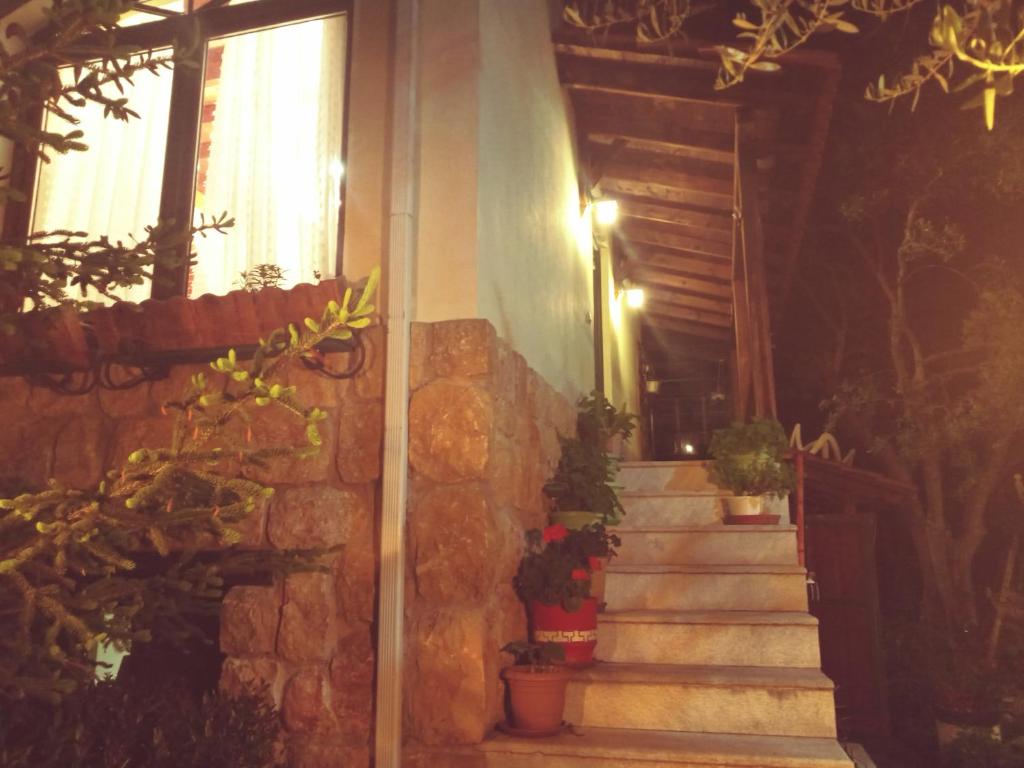 uma escada com vasos de plantas ao lado de um edifício em oniron em Sidhirókastron