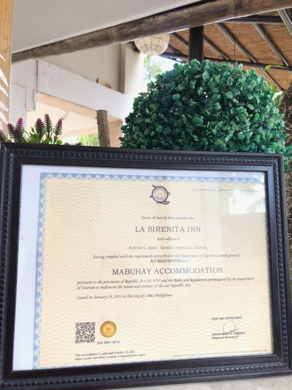 Certifikát, hodnocení, plakát nebo jiný dokument vystavený v ubytování La Sirenita