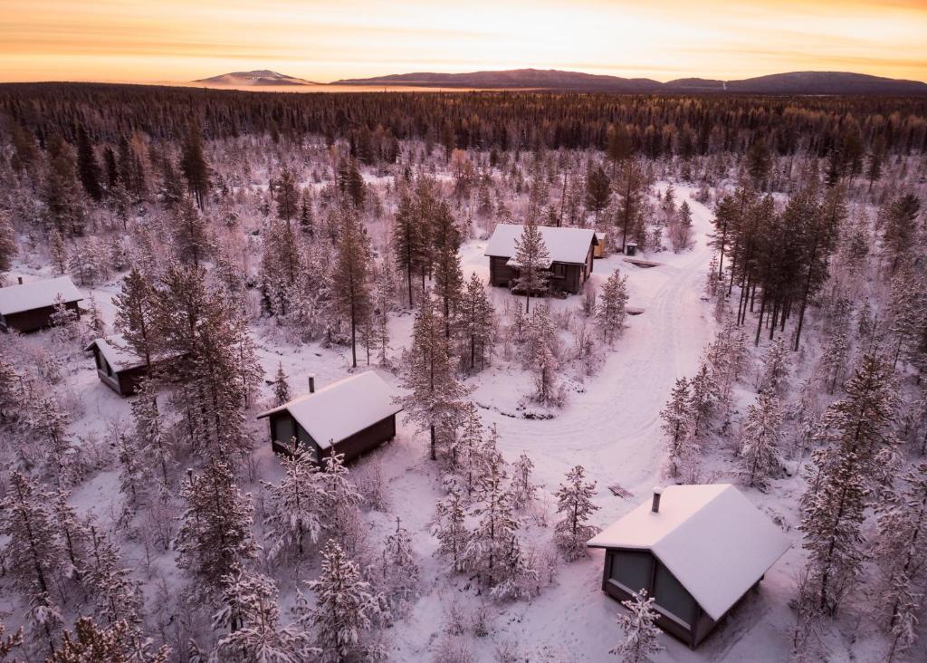 an aerial view of a snow covered forest with houses at Polar Lights Lodge in Sirkka