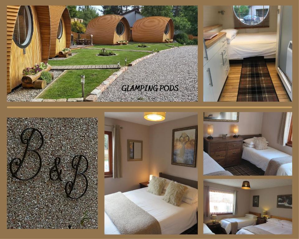 a collage of pictures of a bedroom and a caravan room at Eriskay B&B and Aviemore Glamping in Aviemore