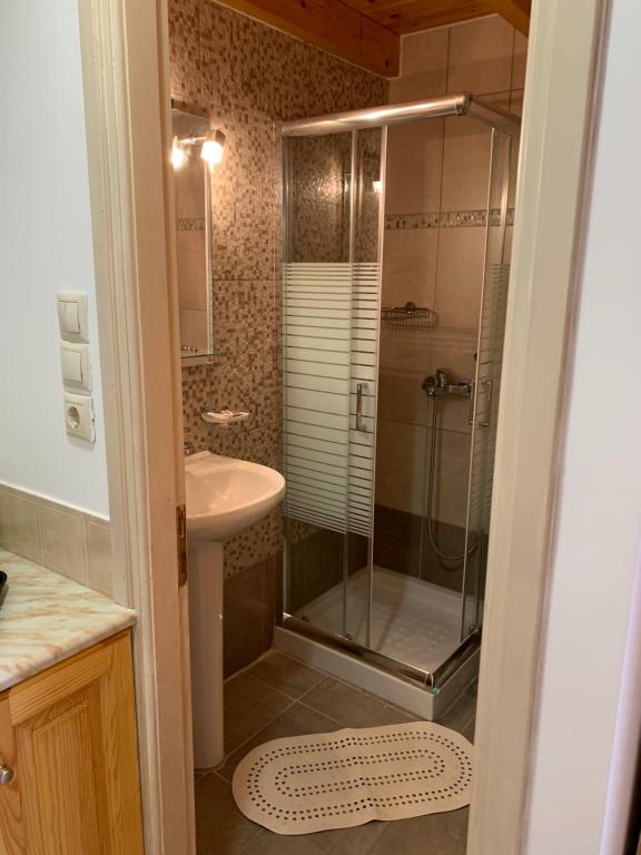 uma casa de banho com um chuveiro e um lavatório. em Glaros Guesthouse em Hydra