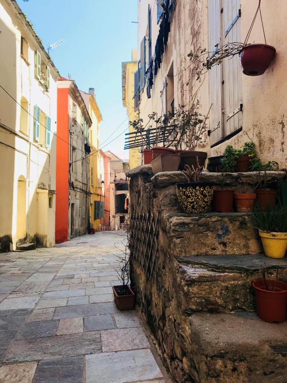 an alley with potted plants on a stone wall at U riposu in Bastia