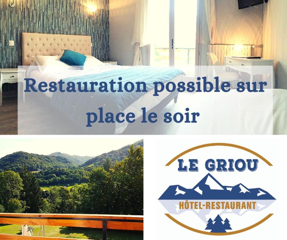 un collage di foto di una camera d'albergo con letto e montagna di Logis Hôtel Le Griou a Saint-Jacques-des-Blats