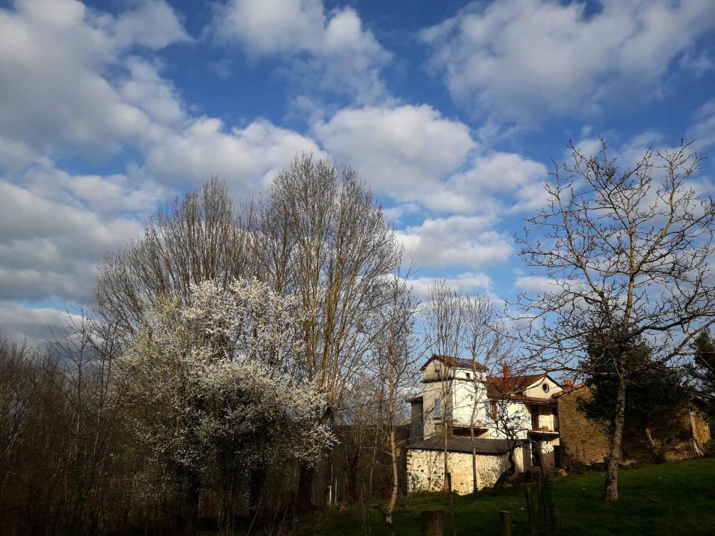 una casa vieja en un campo con árboles y nubes en DUC MANOIR Chambres d'hôtes, en Aubin