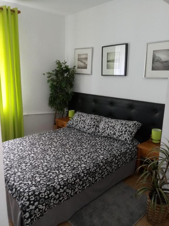 1 dormitorio con 1 cama con colcha en blanco y negro en Giżycko Studio Apartament, en Giżycko
