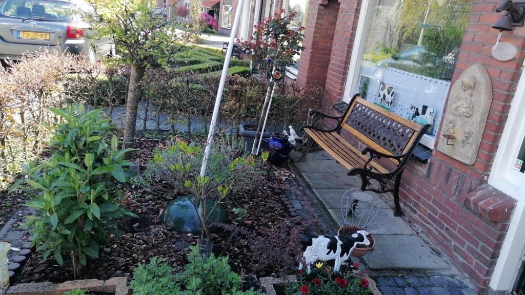 un jardín con un banco y algunas plantas y flores en B&B Bij de koeien, en Tubbergen