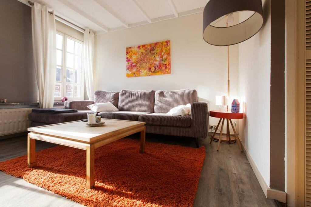 uma sala de estar com um sofá e uma mesa de centro em Cocoon - Duplex 3 chambres 140 m2 em Bruxelas