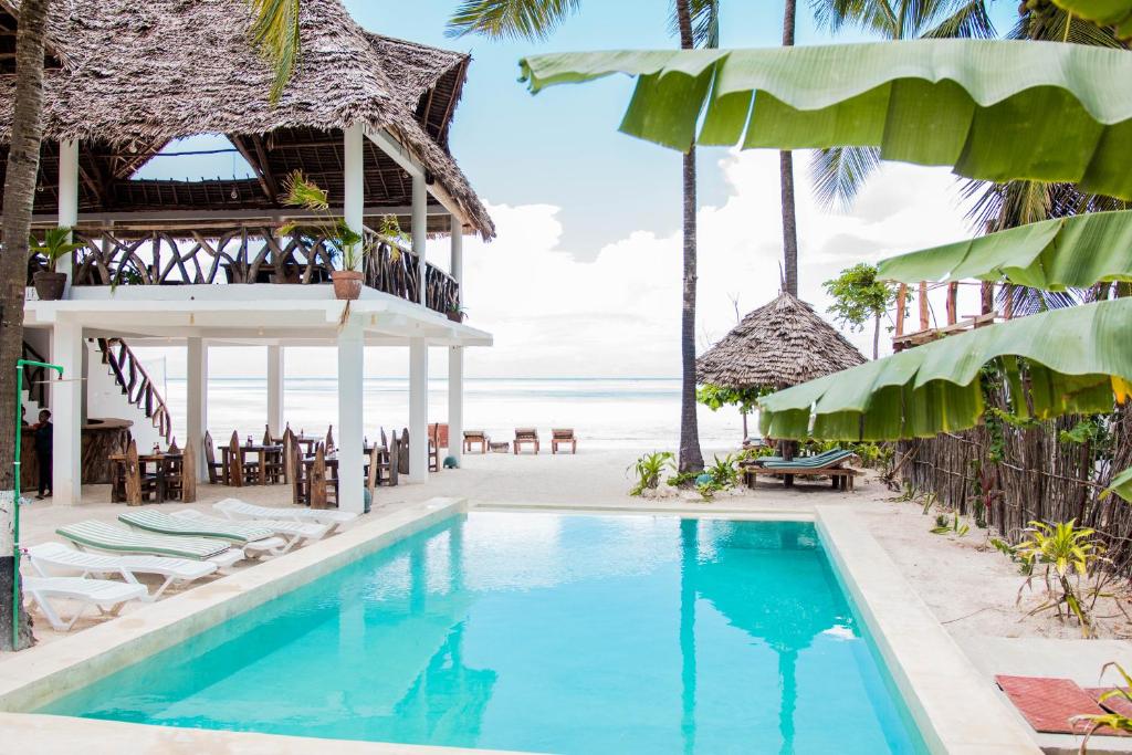 una piscina in un resort sulla spiaggia con sedie e ombrelloni di Maisha Matamu Beach Hotel Paje a Paje