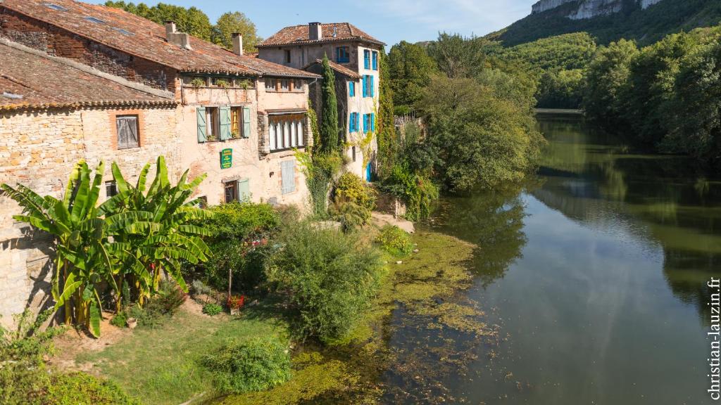 a view of a river with buildings and trees at Marie Colline à la Campagne in Saint-Antonin