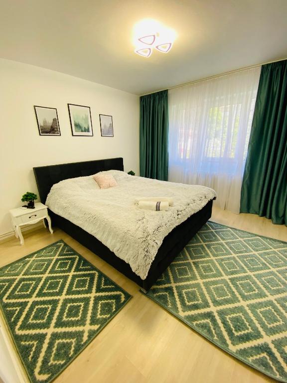 a bedroom with a large bed and a green rug at Casa Maria in Alba Iulia