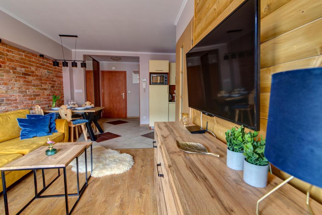 Televízia a/alebo spoločenská miestnosť v ubytovaní Krynica Apartamenty Centrum Deptak 45