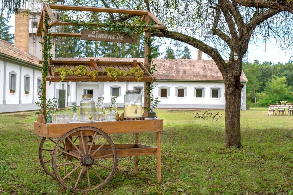 an old cart with drinks on it in a yard at Green Paradise Vendég és Rendezvényház in Szentpéterfa