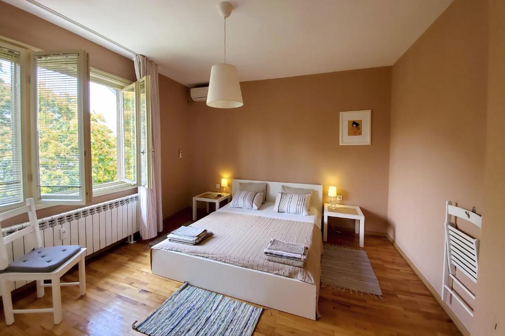 a bedroom with a large bed and two windows at Sunny Central Apartment in Sofia