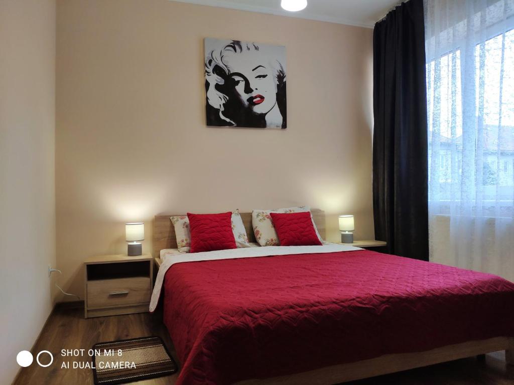 a bedroom with a large bed with a red blanket at Apartments Domovik Parkaniya, 2A in Mukacheve
