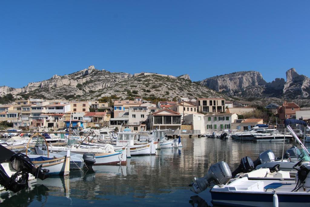 Ein paar Boote sind in einem Hafen angedockt. in der Unterkunft Charmant Cabanon aux Goudes à Marseille avec vue mer in Marseille