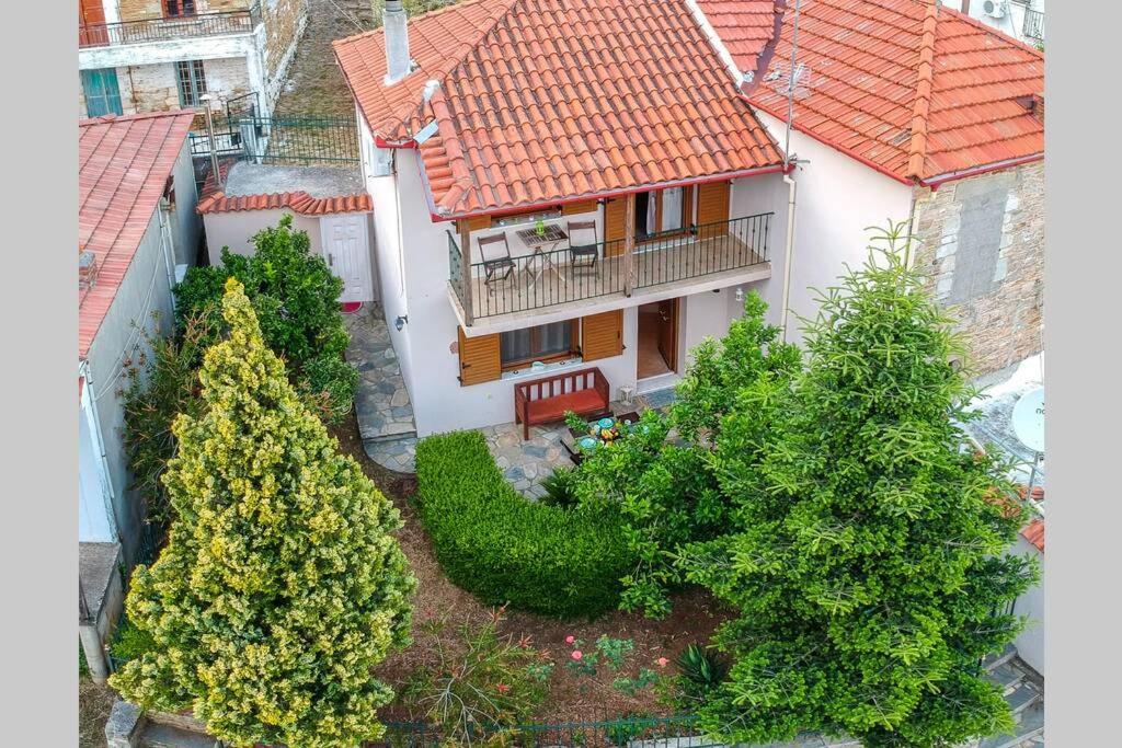 una vista aérea de una casa con árboles en el patio en Small House with Garden & View, en Promírion