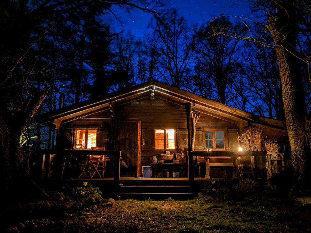 domek w lesie w nocy w obiekcie Blockhütte 35 km nördlich von Hamburg w mieście Langeln