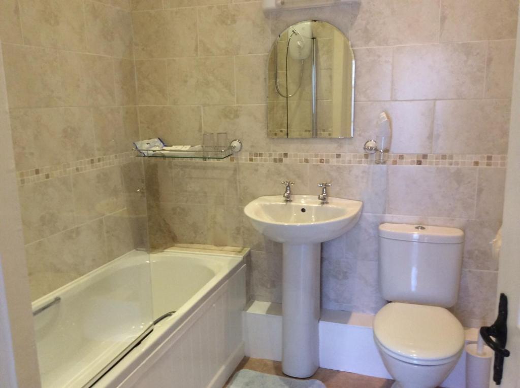a bathroom with a sink and a toilet and a bath tub at Whashton Springs Farmhouse B&B in Richmond