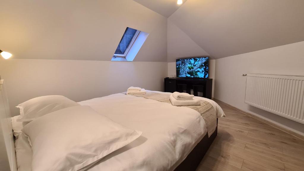 杜勞的住宿－Pensiunea Mădălina，一间卧室设有两张带白色床单的床和窗户。