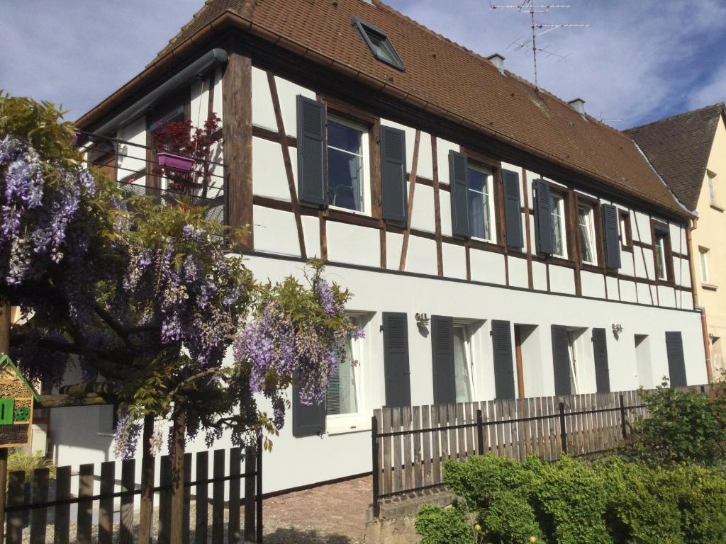 une maison blanche avec un toit marron dans l'établissement Gîte côté jardin, à Ingersheim