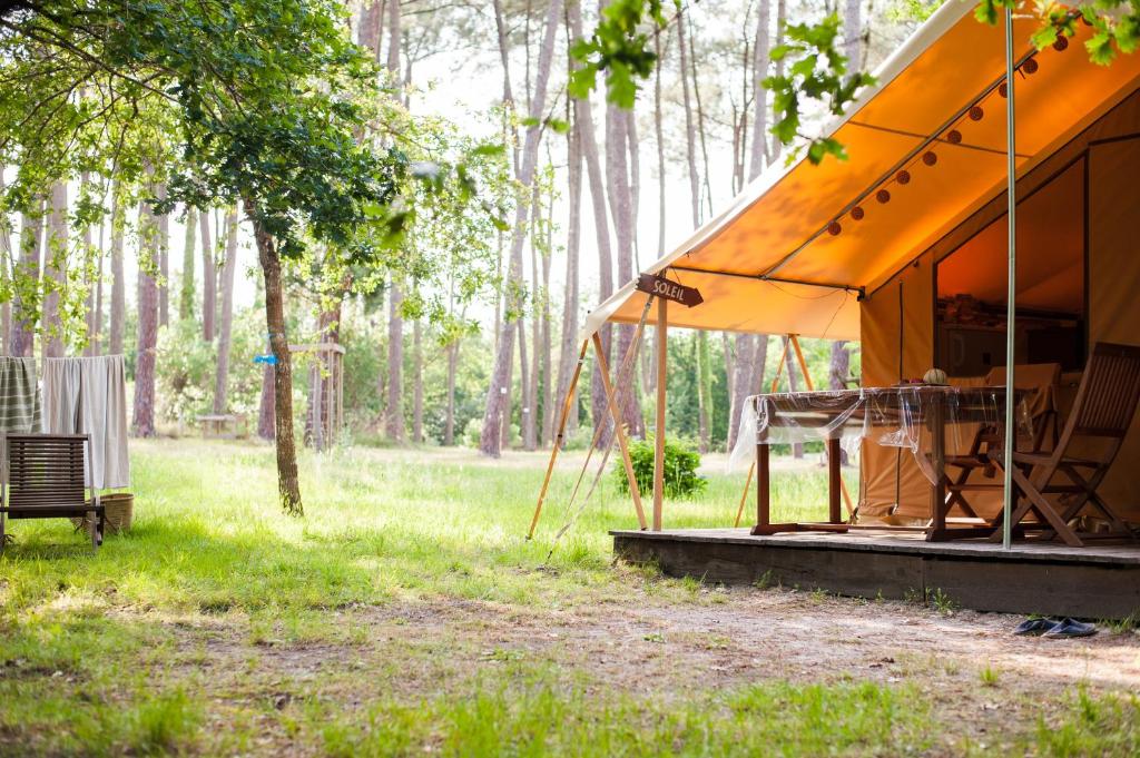 een tent in het bos met een bankje in het gras bij Tente Lodge La Téouleyre in Saint-Julien-en-Born