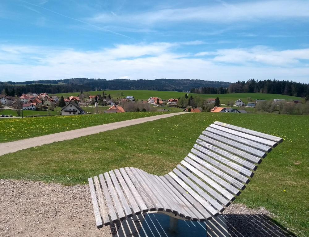 un banco sentado en el césped en un campo en Kim`s Cottage en Görwihl