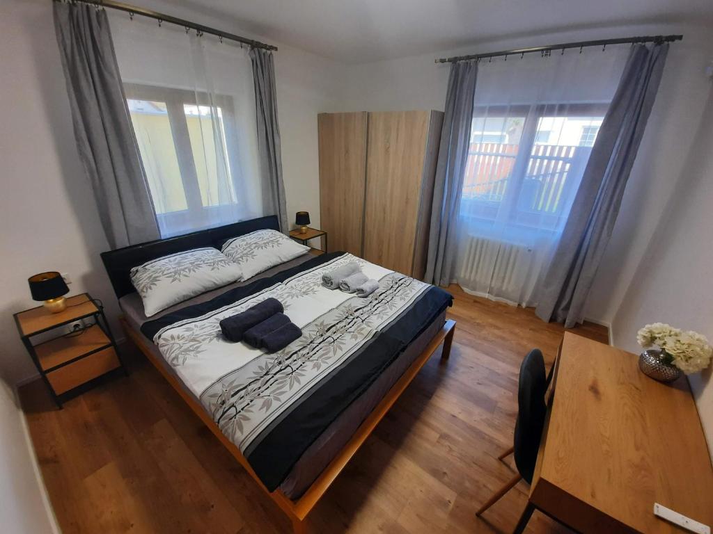 a bedroom with a bed and two windows at Apartmán Blatná in Blatná